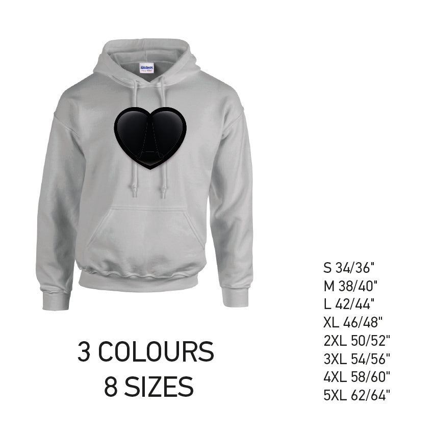HD22 Black Heart Unisex Cotton Hoodie 8 sizes 3 Colours Available Latex printed