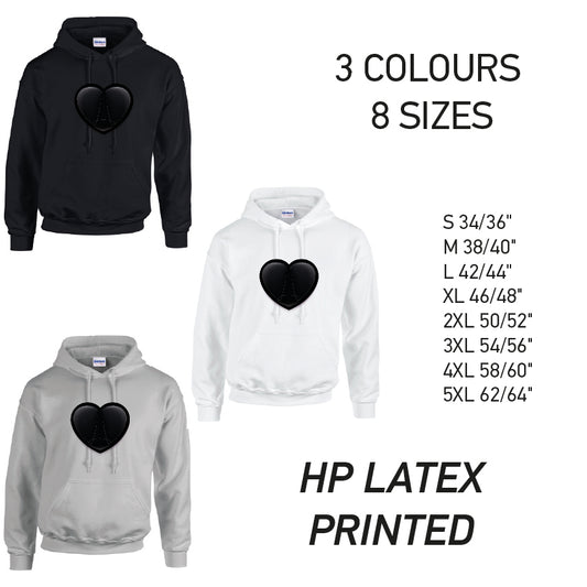 HD22 Black Heart Unisex Cotton Hoodie 8 sizes 3 Colours Available Latex printed