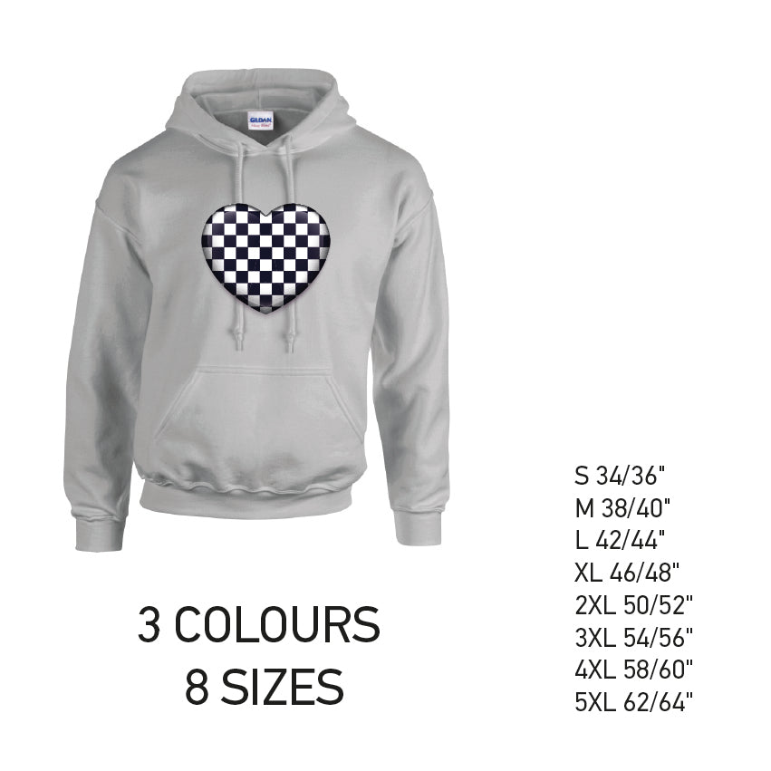 HD23 Black Chequered Heart Unisex Cotton Hoodie 8 sizes 3 Colours Available Latex printed
