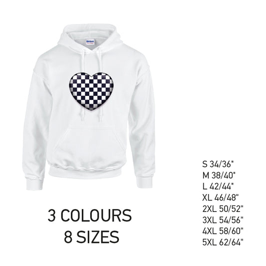 HD23 Black Chequered Heart Unisex Cotton Hoodie 8 sizes 3 Colours Available Latex printed