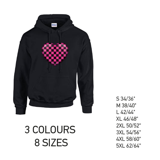 HD25 Pink Chequered Heart Unisex Cotton Hoodie 8 sizes 3 Colours Available Latex printed