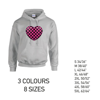 HD25 Pink Chequered Heart Unisex Cotton Hoodie 8 sizes 3 Colours Available Latex printed