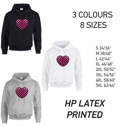 HD25 Pink Chequered Heart Unisex Cotton Hoodie 8 sizes 3 Colours Available Latex printed