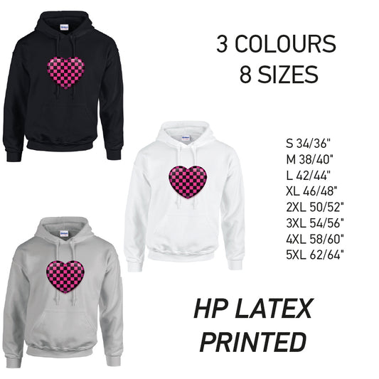 HD25 Pink Chequered Heart Unisex Cotton Hoodie 8 sizes 3 Colours Available Latex printed