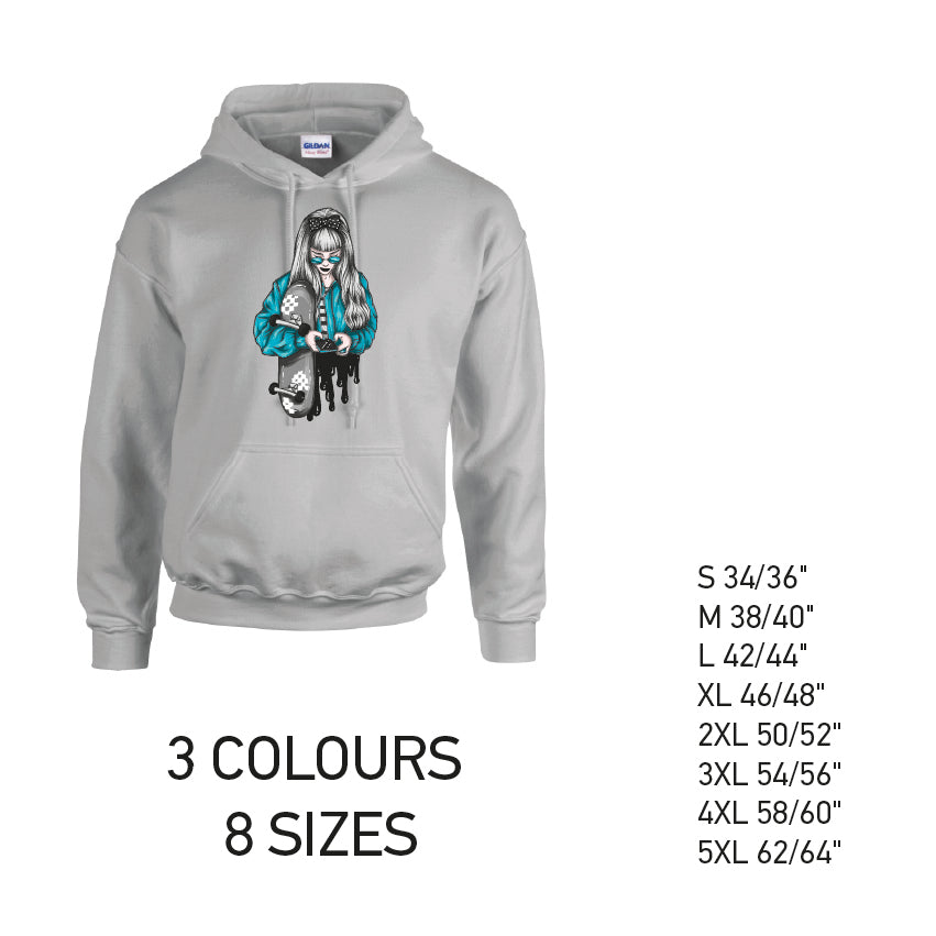 HD31 Blue Skater Girl Unisex Cotton Hoodie 8 sizes 3 Colours Available Latex printed