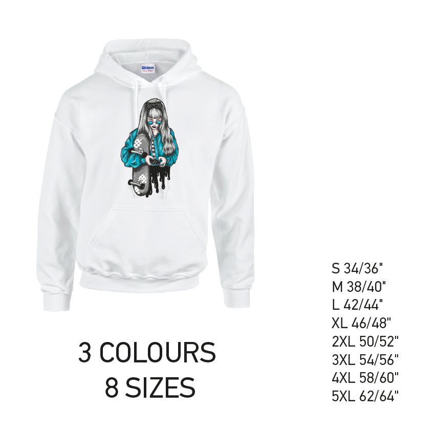 HD31 Blue Skater Girl Unisex Cotton Hoodie 8 sizes 3 Colours Available Latex printed