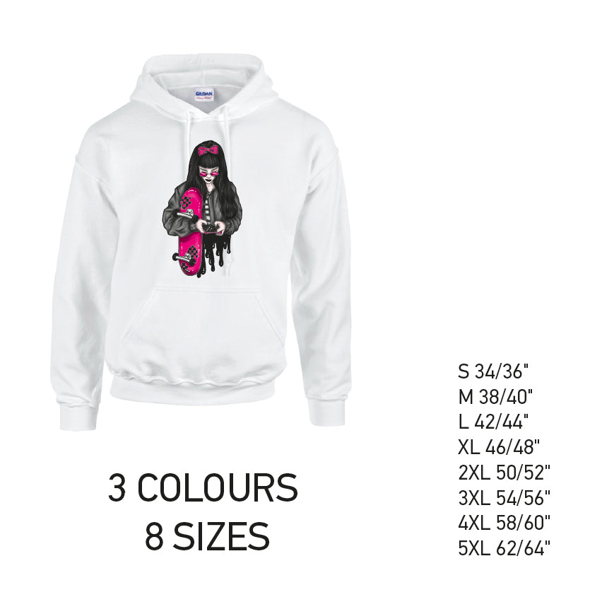 HD37 Pink Skater Girl Unisex Cotton Hoodie 8 sizes 3 Colours Available Latex printed