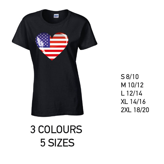 LT01 American Heart Ladies Cotton T-Shirt 5 sizes 3 Colours Available Latex printed
