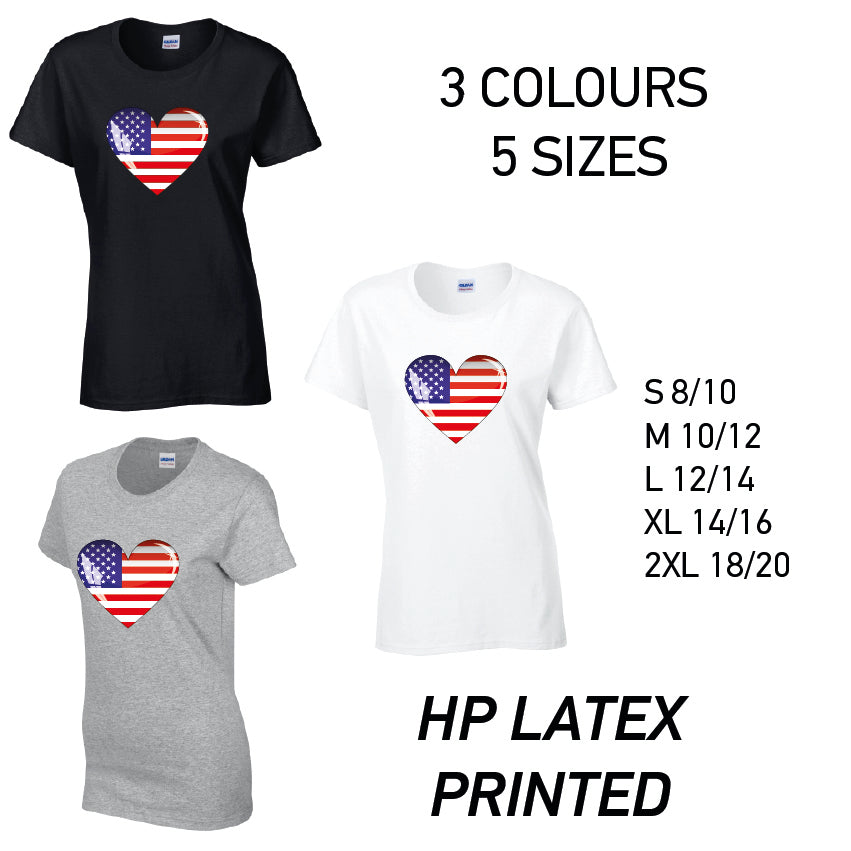 LT01 American Heart Ladies Cotton T-Shirt 5 sizes 3 Colours Available Latex printed
