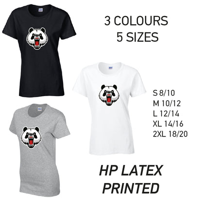 LT02 Angry Panda Ladies Cotton T-Shirt 5 sizes 3 Colours Available Latex printed