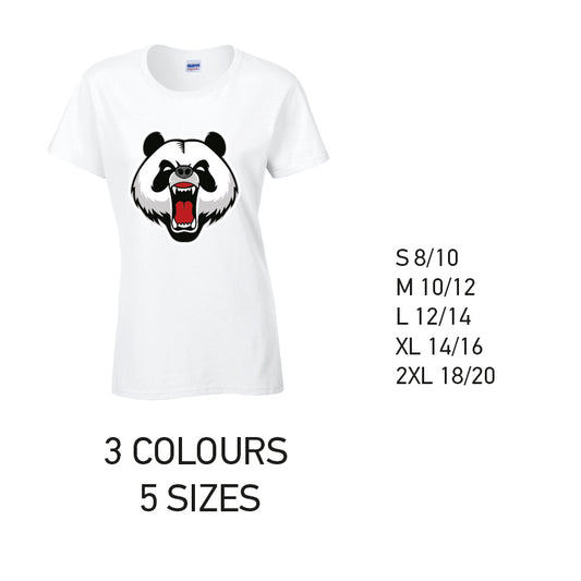 LT02 Angry Panda Ladies Cotton T-Shirt 5 sizes 3 Colours Available Latex printed