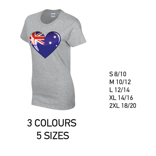 LT03 Australia Heart Ladies Cotton T-Shirt 5 sizes 3 Colours Available Latex printed