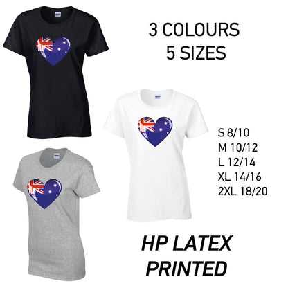 LT03 Australia Heart Ladies Cotton T-Shirt 5 sizes 3 Colours Available Latex printed