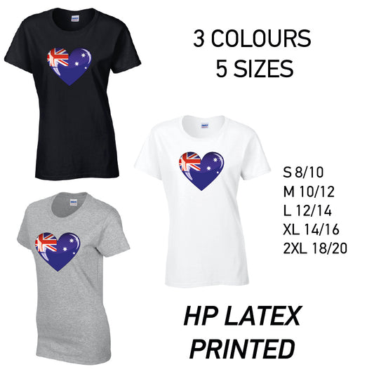 LT03 Australia Heart Ladies Cotton T-Shirt 5 sizes 3 Colours Available Latex printed