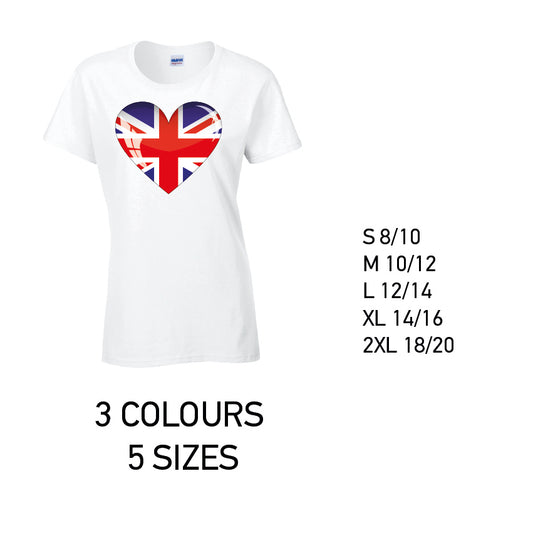 LT04 British Heart Ladies Cotton T-Shirt 5 sizes 3 Colours Available Latex printed