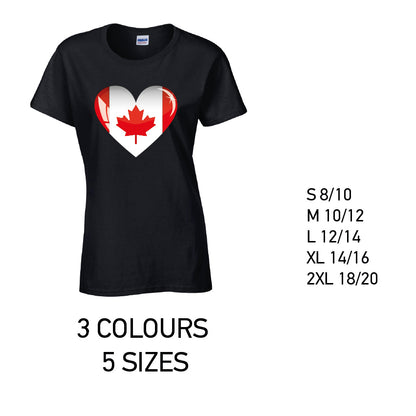 LT05 Canada Heart Ladies Cotton T-Shirt 5 sizes 3 Colours Available Latex printed
