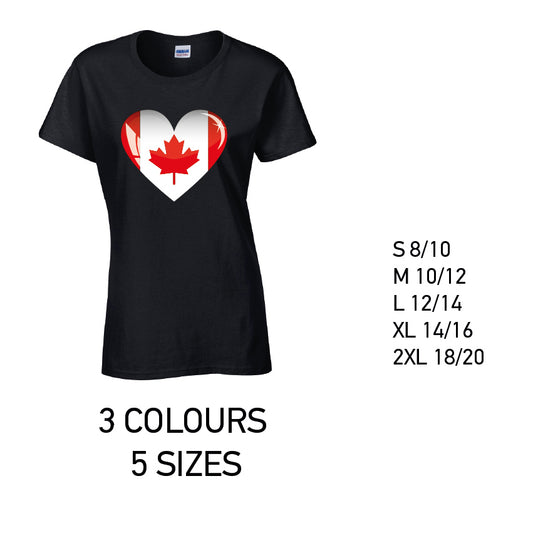 LT05 Canada Heart Ladies Cotton T-Shirt 5 sizes 3 Colours Available Latex printed