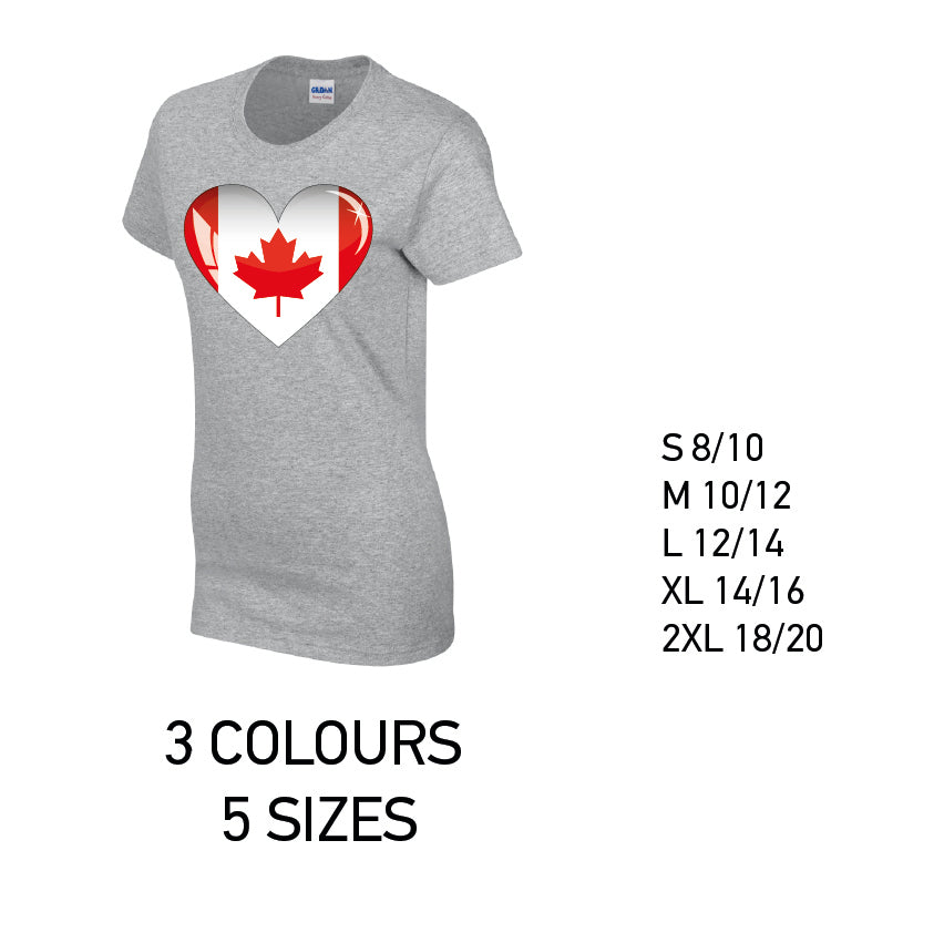 LT05 Canada Heart Ladies Cotton T-Shirt 5 sizes 3 Colours Available Latex printed