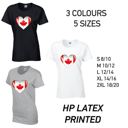 LT05 Canada Heart Ladies Cotton T-Shirt 5 sizes 3 Colours Available Latex printed