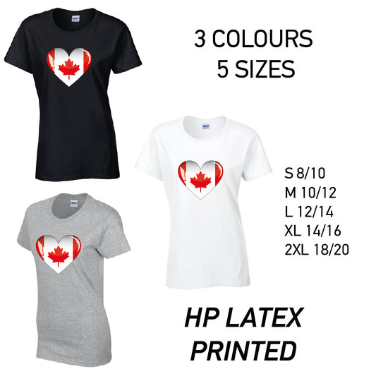 LT05 Canada Heart Ladies Cotton T-Shirt 5 sizes 3 Colours Available Latex printed