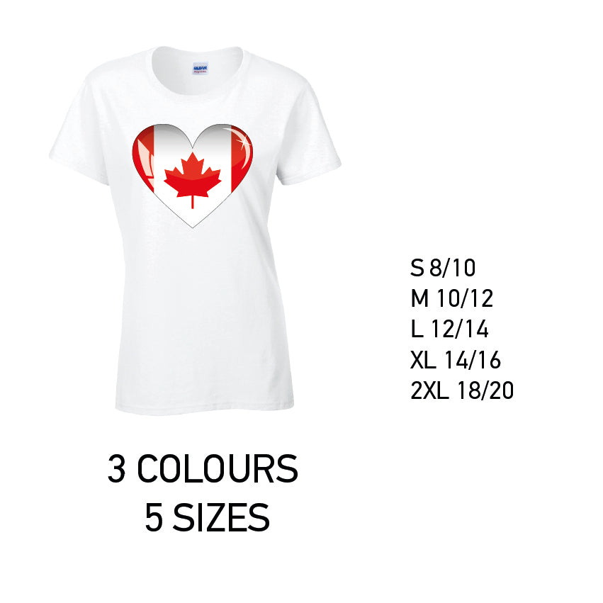 LT05 Canada Heart Ladies Cotton T-Shirt 5 sizes 3 Colours Available Latex printed