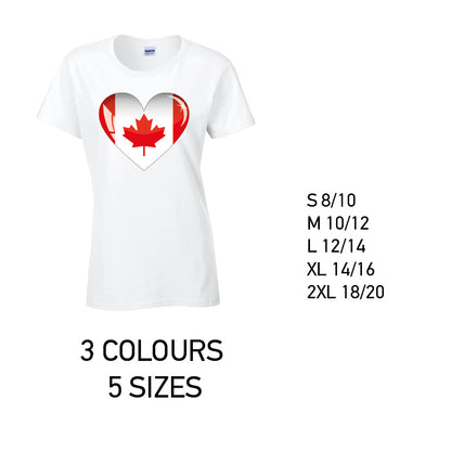 LT05 Canada Heart Ladies Cotton T-Shirt 5 sizes 3 Colours Available Latex printed