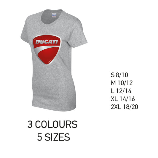 LT06 Ducati Ladies Cotton T-Shirt 5 sizes 3 Colours Available Latex printed