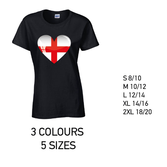 LT08 England Heart Ladies Cotton T-Shirt 5 sizes 3 Colours Available Latex printed