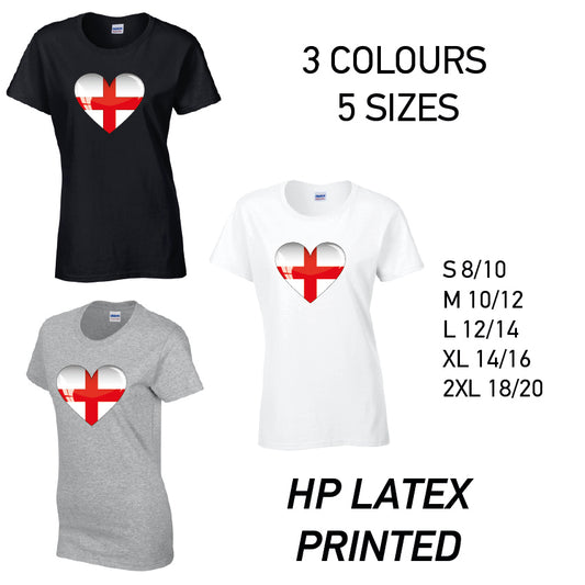 LT08 England Heart Ladies Cotton T-Shirt 5 sizes 3 Colours Available Latex printed