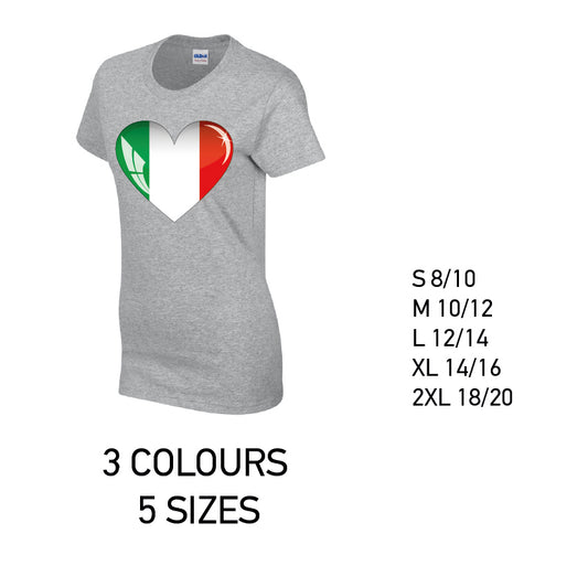 LT09 Italy Heart Ladies Cotton T-Shirt 5 sizes 3 Colours Available Latex printed
