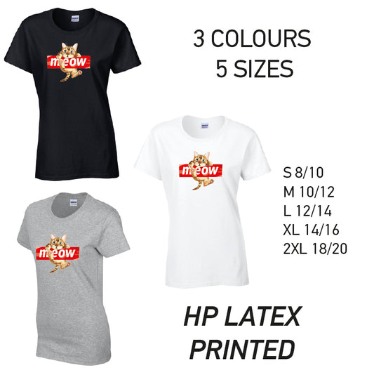LT10 Meow Cat Ladies Cotton T-Shirt 5 sizes 3 Colours Available Latex printed