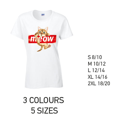 LT10 Meow Cat Ladies Cotton T-Shirt 5 sizes 3 Colours Available Latex printed