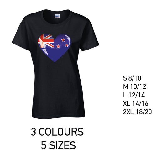 LT11 Newzeland Heart Ladies Cotton T-Shirt 5 sizes 3 Colours Available Latex printed