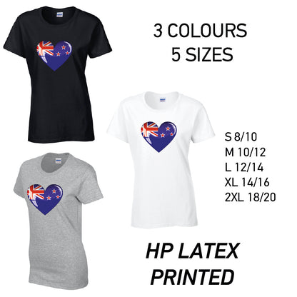 LT11 Newzeland Heart Ladies Cotton T-Shirt 5 sizes 3 Colours Available Latex printed