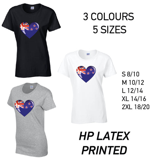 LT11 Newzeland Heart Ladies Cotton T-Shirt 5 sizes 3 Colours Available Latex printed
