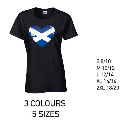 LT13 Scotland Heart Ladies Cotton T-Shirt 5 sizes 3 Colours Available Latex printed