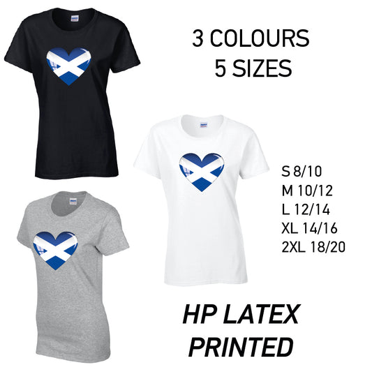 LT13 Scotland Heart Ladies Cotton T-Shirt 5 sizes 3 Colours Available Latex printed