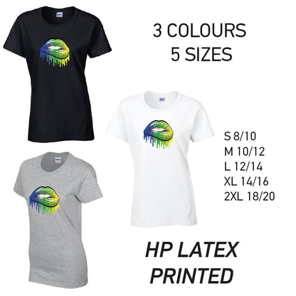 LT14 Blue and Green Lips Ladies Cotton T-Shirt 5 sizes 3 Colours Available Latex printed