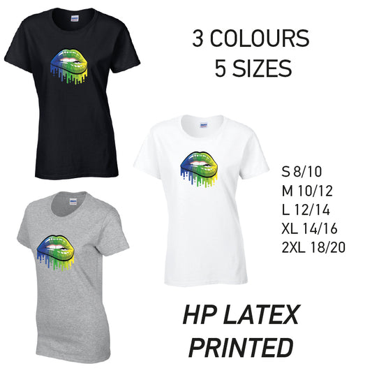 LT14 Blue and Green Lips Ladies Cotton T-Shirt 5 sizes 3 Colours Available Latex printed