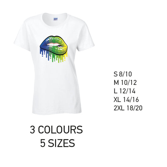 LT14 Blue and Green Lips Ladies Cotton T-Shirt 5 sizes 3 Colours Available Latex printed
