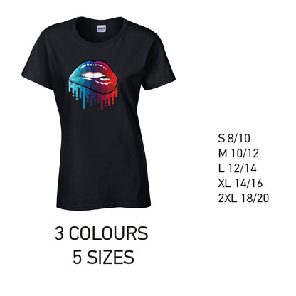 LT15 Blue and Red Lips Ladies Cotton T-Shirt 5 sizes 3 Colours Available Latex printed