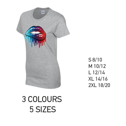 LT15 Blue and Red Lips Ladies Cotton T-Shirt 5 sizes 3 Colours Available Latex printed