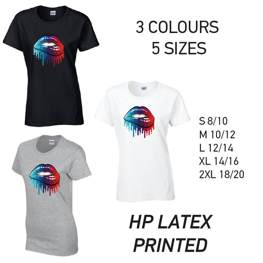 LT15 Blue and Red Lips Ladies Cotton T-Shirt 5 sizes 3 Colours Available Latex printed