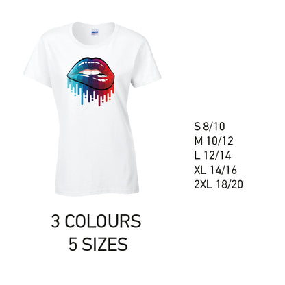 LT15 Blue and Red Lips Ladies Cotton T-Shirt 5 sizes 3 Colours Available Latex printed