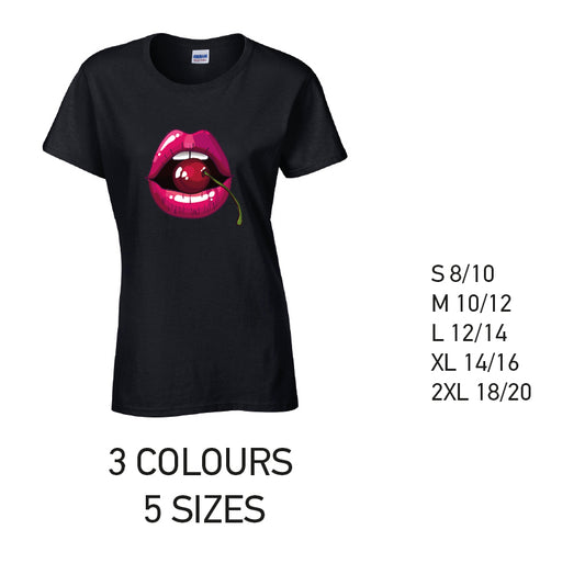 LT16 Cherry Lips Ladies Cotton T-Shirt 5 sizes 3 Colours Available Latex printed