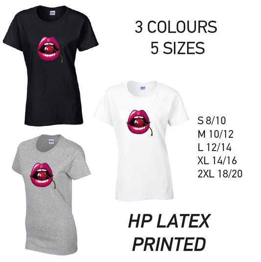 LT16 Cherry Lips Ladies Cotton T-Shirt 5 sizes 3 Colours Available Latex printed