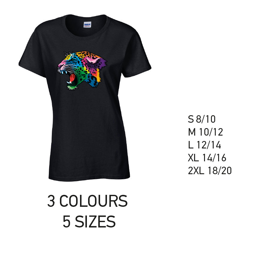 LT17 Leopard Animal Ladies Cotton T-Shirt 5 sizes 3 Colours Available Latex printed