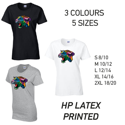LT17 Leopard Animal Ladies Cotton T-Shirt 5 sizes 3 Colours Available Latex printed