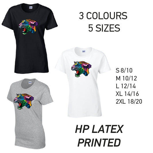 LT17 Leopard Animal Ladies Cotton T-Shirt 5 sizes 3 Colours Available Latex printed