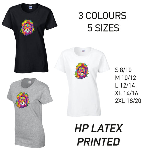 LT18 Lion Animal Ladies Cotton T-Shirt 5 sizes 3 Colours Available Latex printed